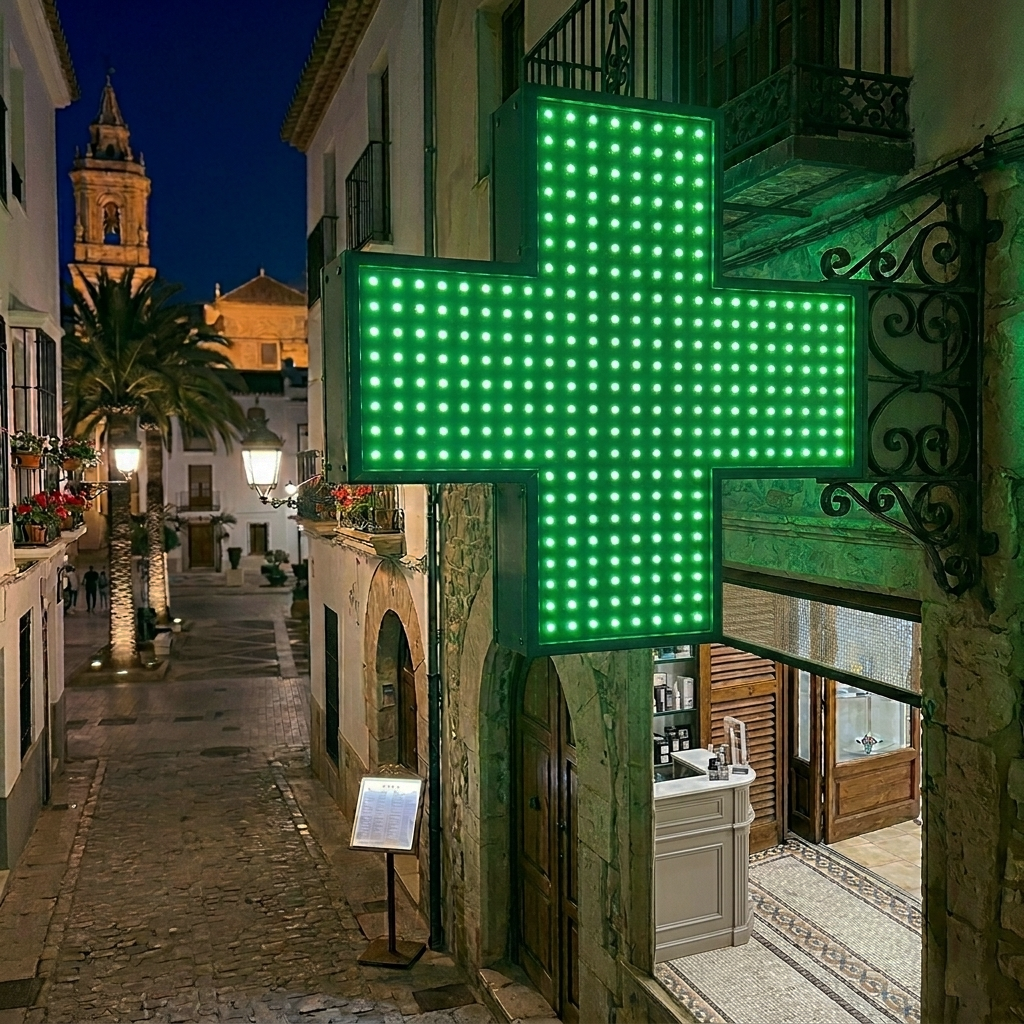 Banderolas publicitarias LED de bajo consumo instaladas en fachada de comercio.